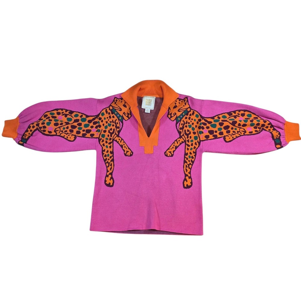 Emily McCarthy Women XS Knit Sweater Pink Orange Cheetah Balloon Sleeve V-Neck
